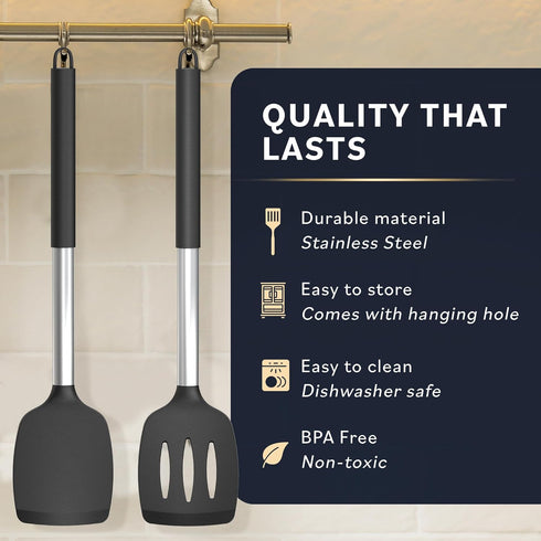 Home Hero Silicone Spatula Set with Ergonomic Handles - Stainless Steel High Heat Resistant Solid & Slotted Turner, BPA Free Non Stick Kitchen Ute...