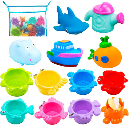 INNOCHEER Baby Bath Toys for Water Table, Toddler Water Toys with Mold Free Bath Toys Stacking Cups, Quick Dry Organizer Net, 13 Pcs Water Table T...