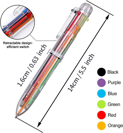 EEOYU 6 Pack Multicolor Pens 0.5mm 6-in-1 Retractable Ballpoint Pens 6 Colors Transparent Barrel Ballpoint Pen for Office School Supplies Students...