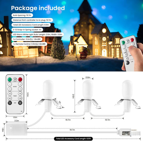 Remote Control Lighting System, 6.5Ft Accessory Cord with 3LED C7 Warm White Bulbs, Built-in 4 Lighting Modes and Timer, Perfect for Halloween Chr...