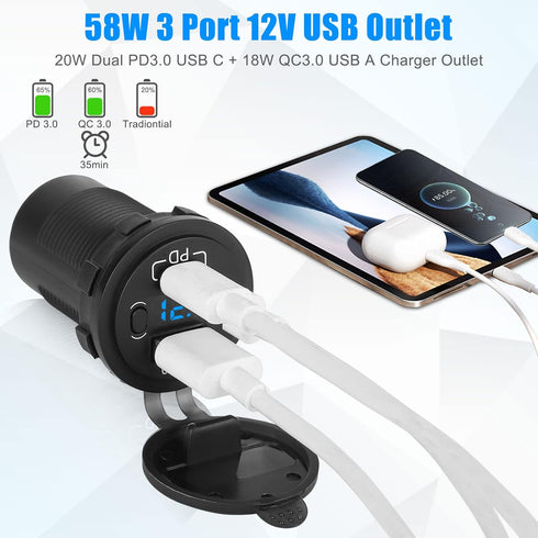 Linkstyle 12V USB Outlet, 58W PD USB-C & QC3.0 USB-A Port Charger Socket, 12V USB Socket Outlet Panel with Voltmeter Switch......