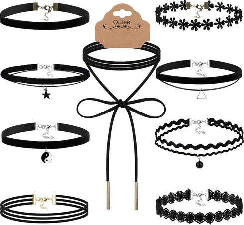 Outee 9 Pcs Choker Set Black Chokers Necklaces for Women Black Velvet Choker Necklaces for Teen Girls Henna Tattoo Ribbon Chokers for Women...