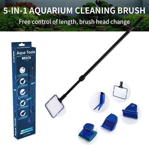 Fish Tank Cleaning Tools, 5 in 1 Cleaning Tool Kit, Aquarium Clean Set,Fish Net Gravel Rake Algae Scraper Fork Sponge Brush Glass Cleaner Tools Ki...
