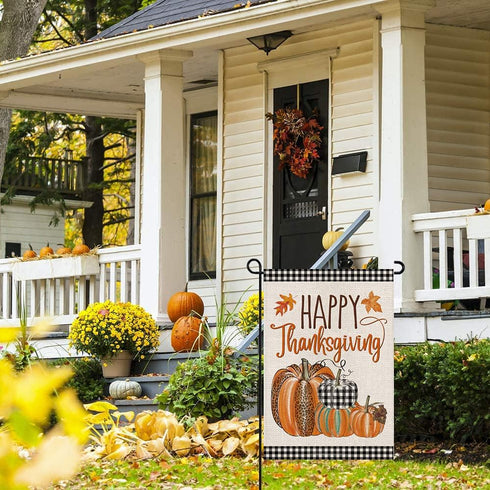 Happy Thanksgiving Fall Garden Flags for Outdoor,12x18 Double Sided,Harvest Buffalo Plaid Pumpkins Yard Flags,Small Thanksgiving Day Garden Decor ...