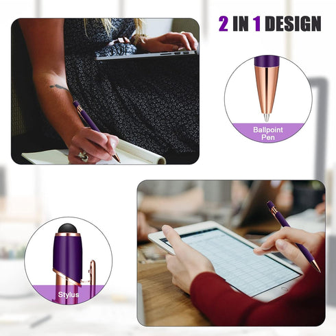 12 Pieces Ballpoint Pen with Stylus Tip, 1.0 mm Black Ink Metal Pen Stylus Pen for Touch Screens, 2 in 1 Stylus Ballpoint Pen (Purple and Rose Gol...