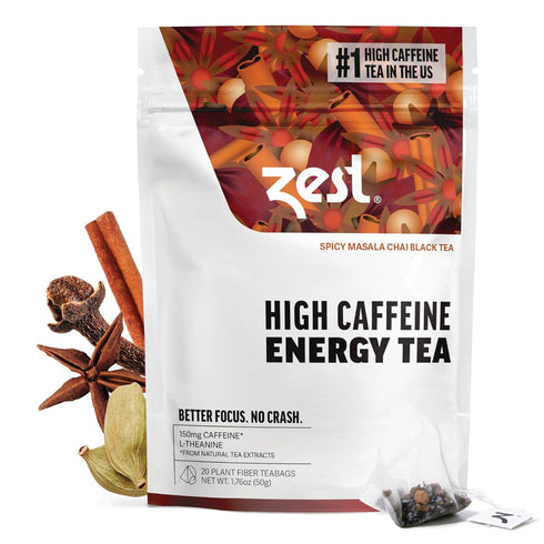 Zest 150mg High Caffeine Energy Leaf Blend - Spicy Masala Chai Black Tea - 20 Pack Bag - All Natural Strong Flavored Healthy Coffee Alternative Hi...