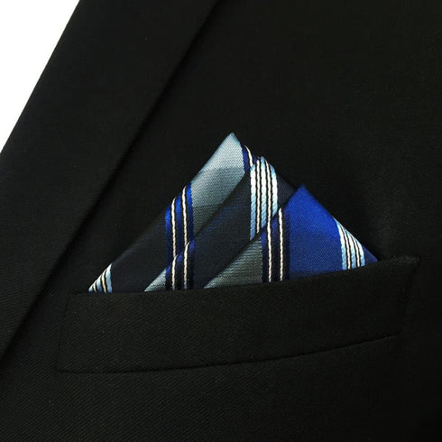 S&W SHLAX&WING Blue Mens Pocket Square Handkerchief Striped for Suit...