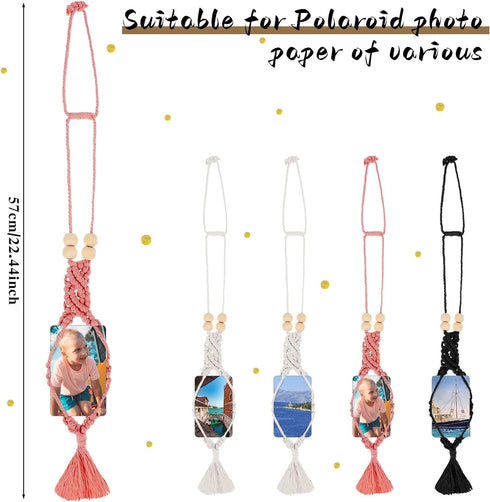 4 Pcs Car Picture Frames Macrame Hanging Photo Display Bohemian Car Hanging Accessories Car Rearview Mirror Pendant Car Decoration Hanging Ornamen...