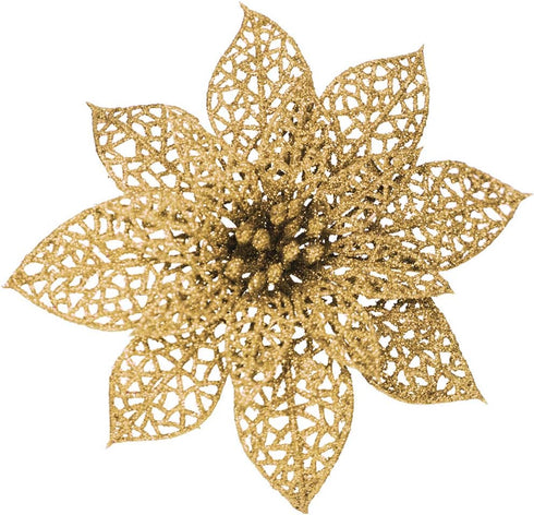 Supla 24 Pack Christmas Gold Glitter Poinsettia Flowers Picks Christmas Tree Ornaments 5.9" Wide for Gold Christmas Tree Wreaths Garland Holiday S...