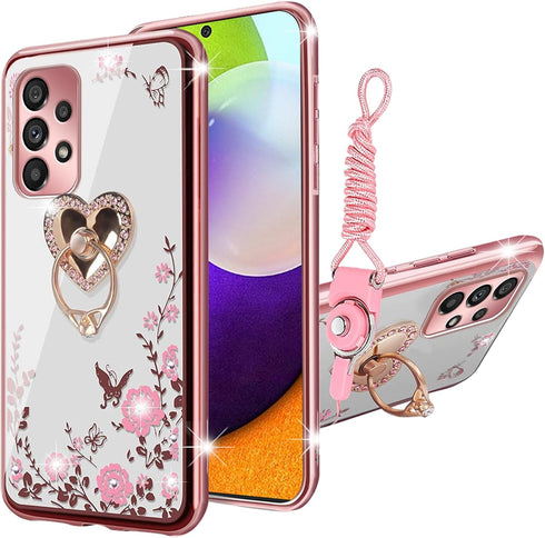 for A52 Samsung Phone Case, Samsung A52 Case for Women Glitter Crystal Soft TPU Bling Cute Pink Butterfly Heart Floral Clear Protective Cover with...