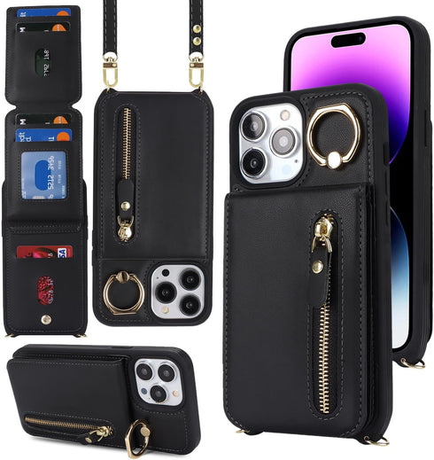 iPhone 14 Pro Max Wallet Case with Card Holder, 7 Slots, Strap, Kickstand - Black Leather......