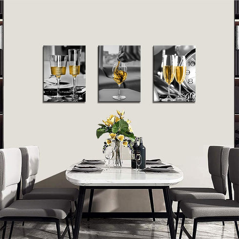 Kitchen Wall Art Dining Room Decor Yellow Wine Black and White Framed Canvas Prints Artwork Paintings for Home Bedroom Decorations 12x16 Inch x3...