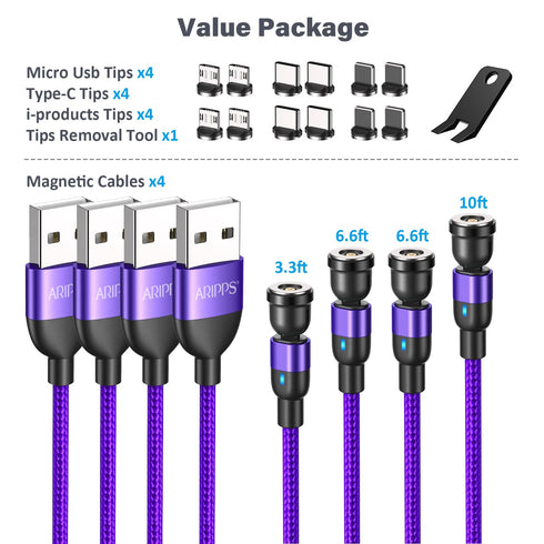 Magnetic Charging Cable 4 Pack (3.3ft/6.6ft/6.6ft/10ft), 540 Degree Rotating Magnetic Phone Charger Cable, 3 in 1 Nylon Magnetic USB Cable for Mic...