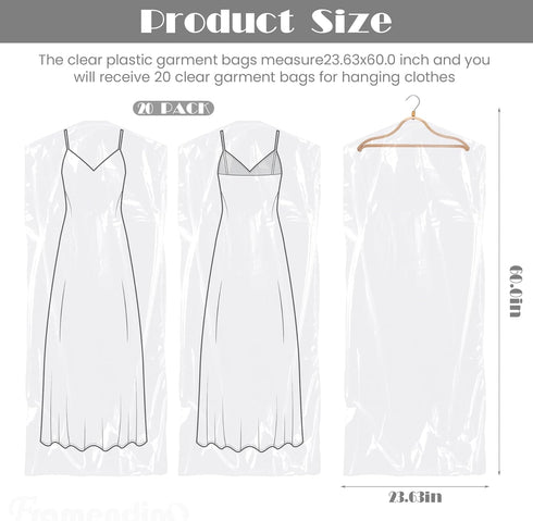 Framendino, 20 Pack 23.63" X 60" Dry Cleaning Plastic Bags Disposable Clothes Cover for Hanging Clothes...