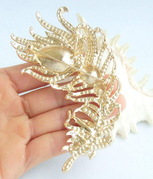 Zeepoffine 4.33" Rhinestone Crystal Peacock Feather Brooch Pin Pendant BZ5038 (Gold-Tone Clear)...