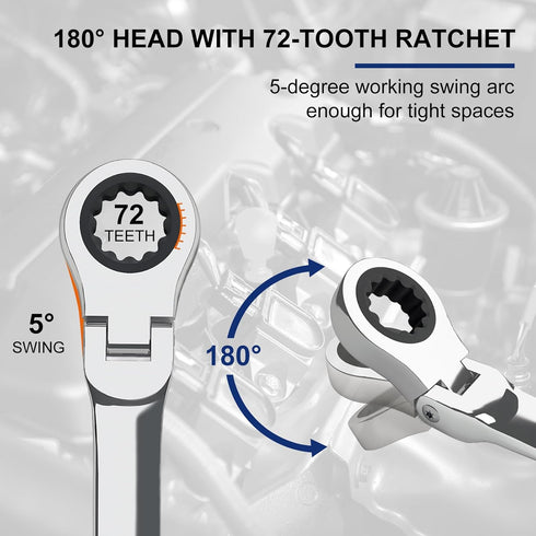 Egofine 18mm Ratchet Wrench Flex Head, Ratcheting Combination Wrench Metric, Industrial Grade Gear Spanner with 12 Point Box End, 72-Teeth Ratchet...
