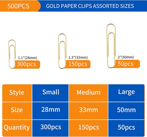 Paper Clips, 500 PCS Paper Clips Assorted Sizes, Gold Paper Clip, Small, Medium and Large Paper Clips...