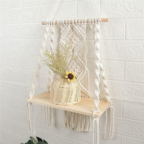 Macrame Wall Hanging Plant Decor Shelf Indoor Outdoor Floating Wood shelve Decorative Hand Made Rope Boho Shelving for Plants...