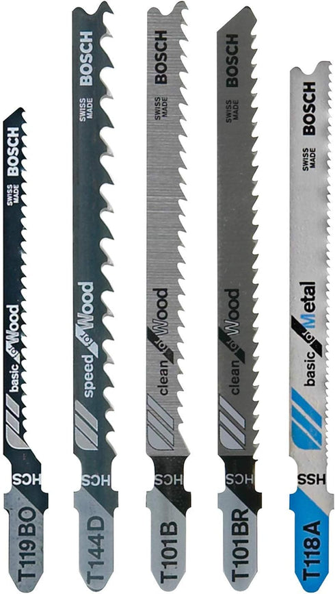 Bosch T-Shank Jig Saw Blade Set T501, 5 Pieces, 3-1/4'' - 4'', 6-24 TPI, For Wood And Metal...