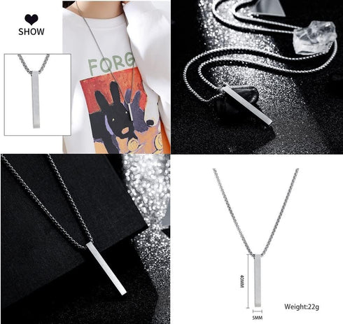 Bar Pendant Necklace Men Cool Stainless Steel Box Chain Pendant Matching Necklace For Men Couple Cuboid Stick Pendant Birthday Jewelry Gift...