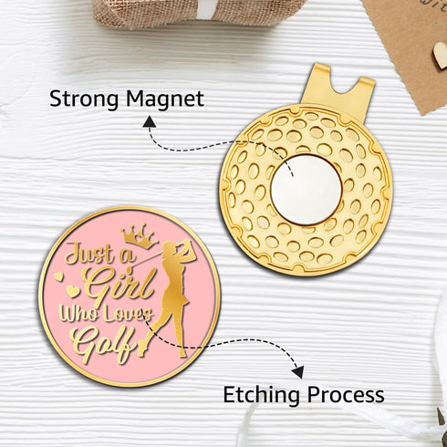 Just A Girl Who Loves Golf Pink Gold Golf Ball Marker with Hat Clip, Funny Golf Accessories and Golf Gifts for Women Her Mom Wife Daughter, Birthd...