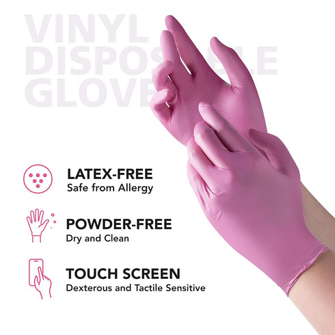 Disposable Gloves for Women, Pink Vinyl Gloves Disposable Latex Free for Cooking, Food Prep, Cleaning, Hair Dye, Tattoo, Medium Duty, Touch Screen...