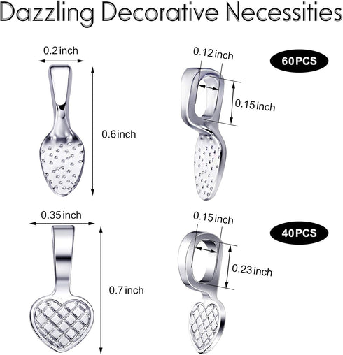 Yaomiao 100 Pieces Spoon Glue on Bails Pendant Jewelry Bails Shiny Silver Color Oval Heart Shape Glue on Necklace Earring Pendant Small Spoon Char...