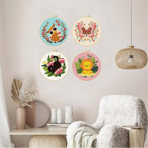 ORIGACH 4 Pack Animals Embroidery Kits for Beginners, DIY Starter Hand Embroidery Kit with Cartoon Owl Butterfly Cat Lion Patterns and Instruction...