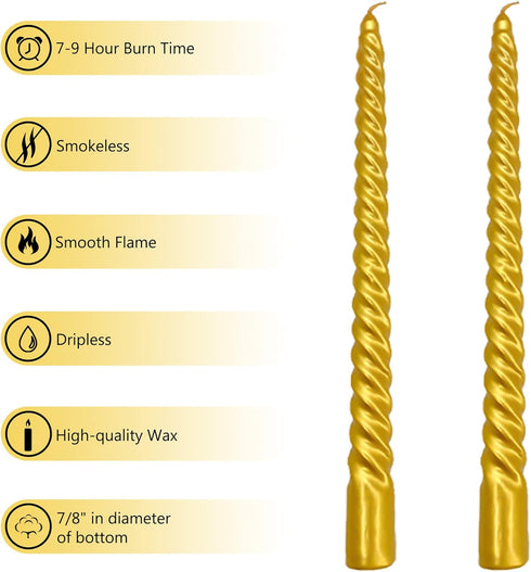 Twisted Candlesticks Golden Taper Candle -10inch Gold Tapered Candles Long Spiral Candles Dripless Twist Candle Sticks for Home Dinner Table Weddi...