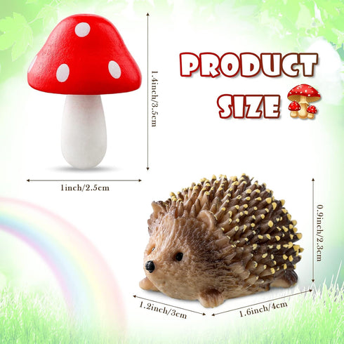 Queekay Resin Hedgehogs & Wood Mushroom Sculpture, Fairy Wild Garden Supplies, 6 Pieces, Red, Handmade Decor...