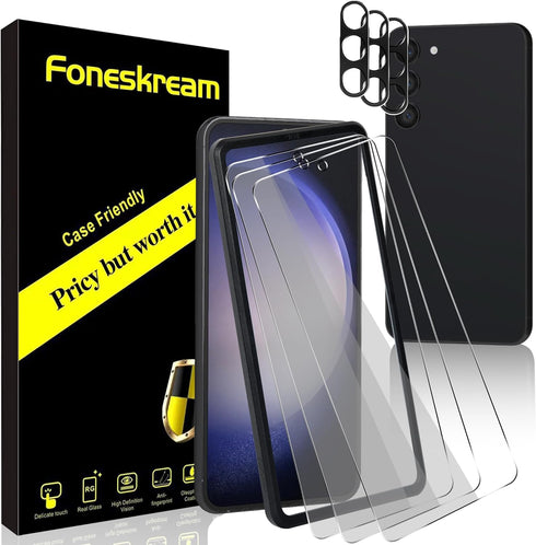 [3+3 Pack Compatible for Samsung Galaxy S23 FE Screen Protector 6.4 inch + Camera Lens Protector Fingerprint Recognition Tempered Glass Case Frien...