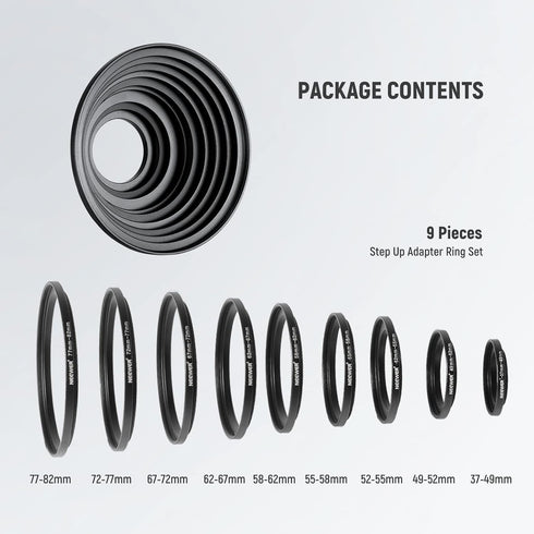 Neewer 9 Pieces Lens Filter Rings Set, Made of Anodized Aluminum, Includes: 37-49mm, 49-52mm, 52-55mm, 55-58mm, 58-62mm, 62-67mm, 67-67mm, 8-2.8 3...