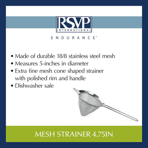 RSVP International Endurance Kitchen Collection, Stainless Steel Fine Mesh Conical Sieve/Colander, Multi-Purpose for Cooking, Baking, Loose Leaf T...