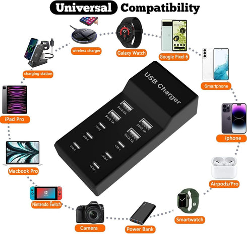 USB C Charger,10 Ports USB Charger Station with 6 Ports USB-C Charger, Desktop 50W Multi Port USB Charger Compatible with iPhone/Huawei/LG/Google ...