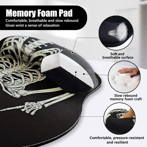 Ergonomic Mouse Pad with Wrist Rest Support, Gothic Skull Skeleton Black Small Mousepad with Non-Slip Pain Relief Rubber Base, Cute Gaming Mouse P...