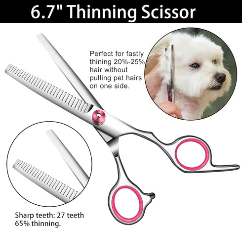 Pink Dog Grooming Scissors with Safety Round Tip,Pet Grooming scissors Kit,Dog Shears for Grooming,Incude Thinning,Curved Grooming Scissors and Co...