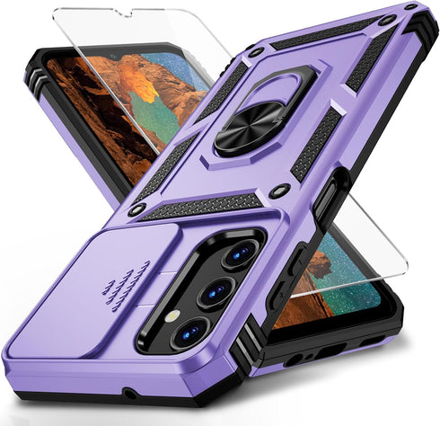 for Samsung Galaxy A14 5G Case with Slide Lens Cover, HD Screen Protector, Military Grade Drop Protection, Magnetic Rotated Ring Holder Kickstand ...