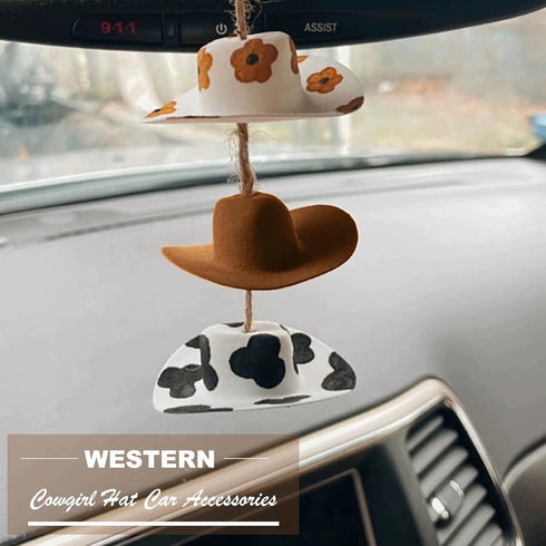 Cowboy Hat Car Charm,Country Rear View Mirror Hanging Accessories,Sunflower Cowgirl hat Cow Print Car Decor,Cute Handmade Felt Mini Hat Ornament P...