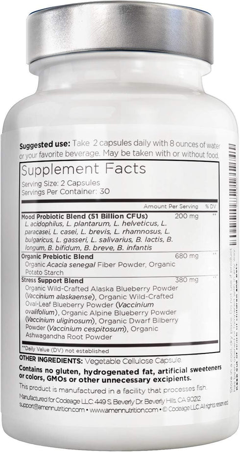 Amen Mood Probiotic Supplement 51 Billion CFU - Organic Prebiotics and Probiotics - Acidophilus Probiotic Pills, Fibers - Mood Organic Ashwagandha...