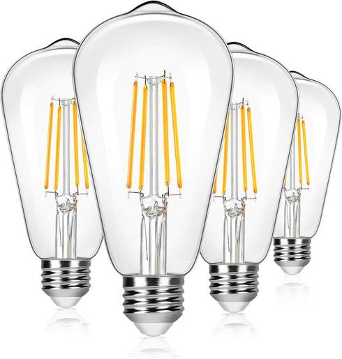 4-Pack Vintage 8W ST64 LED Edison Light Bulbs 100W Equivalent, 1400Lumens, 2700K Warm White, E26 Base LED Filament Bulbs, CRI 90+, Antique Glass S...