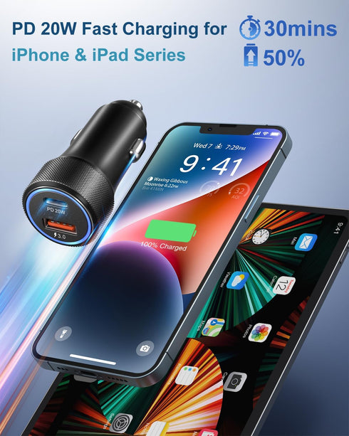 USB C Car Charger, OKRAY 36W Fast Charging Cigarette Lighter Adapter USB Type C PD3.0+QC3.0 Dual Ports Car Charger with 6 Feet USB-C to USB-C Cabl...