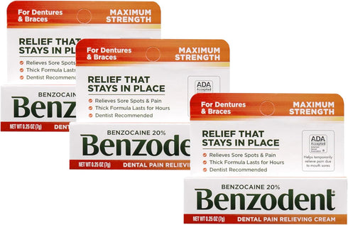 Benzodent Dental Pain Relieving Cream for Dentures and Braces, 0.25 oz tube (Pack of 3)...