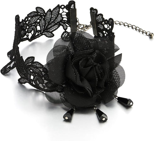COOLSTEELANDBEYOND Ladies Womens Black Lace Choker Necklace with Camellia Flower and Dangling Beads Charm Pendant...