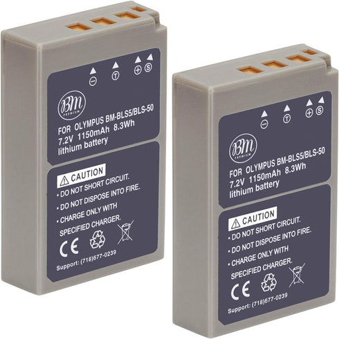 BM Premium 2 Pack of BLS-50, PS-BLS5 Batteries for Olympus OM-5, OM-D E-M5 III, E-M10, E-M10 III, E-M10 IV, E-PL7, E-PL8, E-PL9, E-PL10, Stylus 1 ...