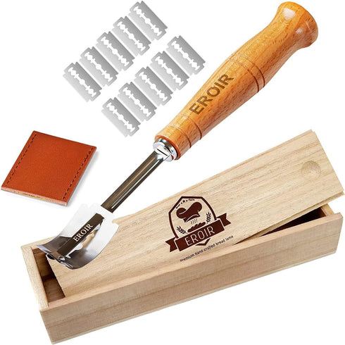 Hand Crafted Bread Lame Dough Scoring Tool in Wooden Storage Box for Sourdough Bread Baking - Dough Scoring Knife with 10 Extra Blades and a Prote...