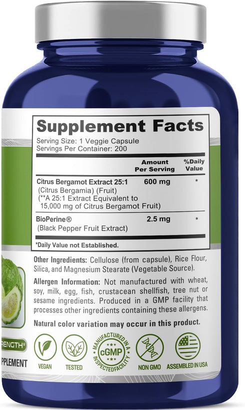 NusaPure Citrus Bergamot Capsules 15,000mg, 200 Capsules - 25:1 Bergamot Extract - 200 Servings, Bioperine, Vegan, Non-GMO...