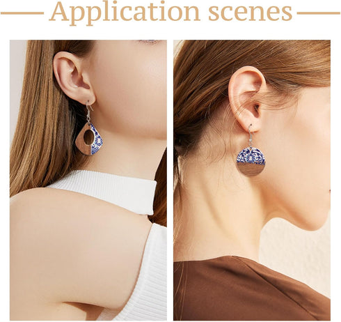 FASHEWELRY 20Pcs Classical Resin Wooden Earrings Charms Porcelain Flower Wood Earring Blanks Blue White Natural Wooden Pieces Earring Findings for...