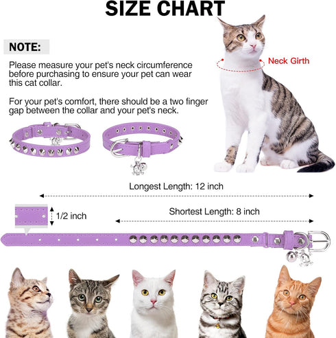 Leather Cat Collars for Boy Girl Cats with Bell and Safety Elastic Belt, Personalized Rivets Stud Adjustable Safe Buckle Collar with Skull Charm f...