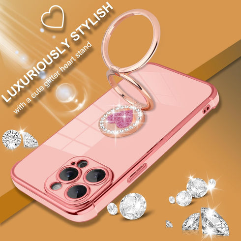 Compatible with iPhone 15 Pro Max Case with Stand, Luxury Cute Bling Double Ring Heart Kickstand Women Girls, Shockproof Soft TPU Plating Protecti...