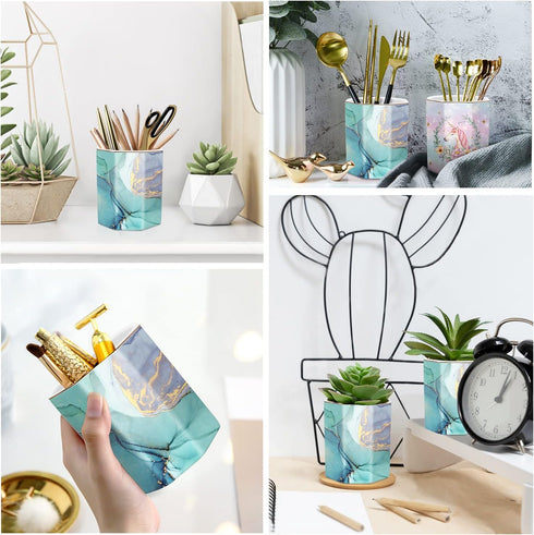 WAVEYU Pencil Cup for Desk Cute, Pen Pencil Stand Holder, Office Desk Organizer for Men Women Ceramic Marble Makeup Brush Holder for Home, Green M...